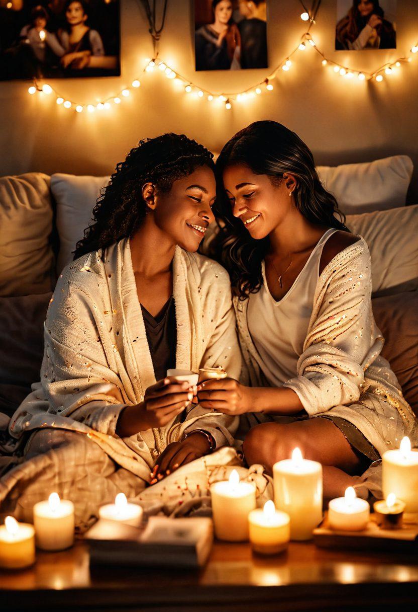 A cozy candle-lit scene featuring a couple engaging in deep conversation, surrounded by meaningful tokens of their relationship like photos and love notes. Soft blankets draped over a comfy sofa, with a warm glow from fairy lights creating an intimate atmosphere. Elements representing emotional connection, like intertwined hands and heartfelt expressions, should be evident. warm colors. super-realistic. soft focus.