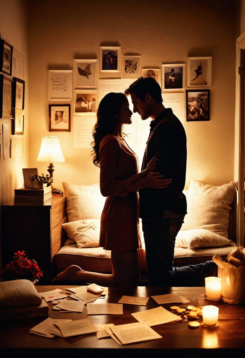 A cozy scene depicting a couple sharing a heartfelt moment in a softly lit room, surrounded by mementos of their relationship like photographs and love notes. They are engaged in a meaningful conversation, exuding warmth and intimacy, with a faint silhouette of a heart shape in the background. The atmosphere should radiate connection and affection, highlighting both joy and tenderness. super-realistic. warm colors. soft lighting.
