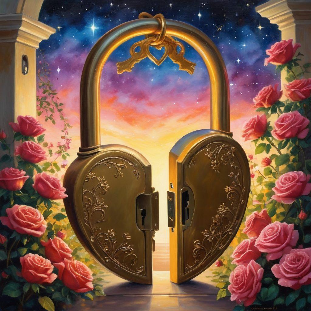 A heart-shaped lock opening with a bright golden key surrounded by blooming roses and soft, glowing lights, symbolizing love and connection. In the background, silhouettes of a couple holding hands under a starry sky, embodying romance and intimacy. The scene should evoke warmth and deep emotional bonds. vibrant colors. painting.